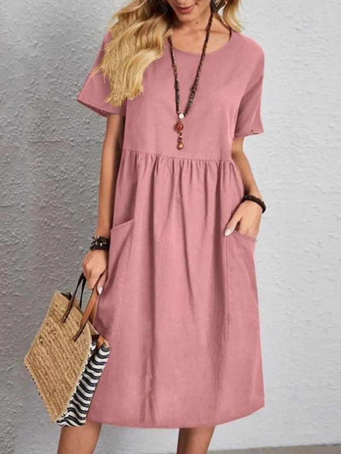 Cotton And Linen Round Neck Pocket Pleated Loose Dress