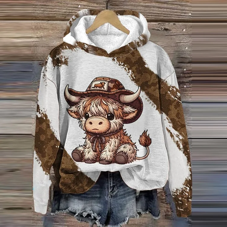 VChics Vintage Western Highland Cow Print Casual Hoodie