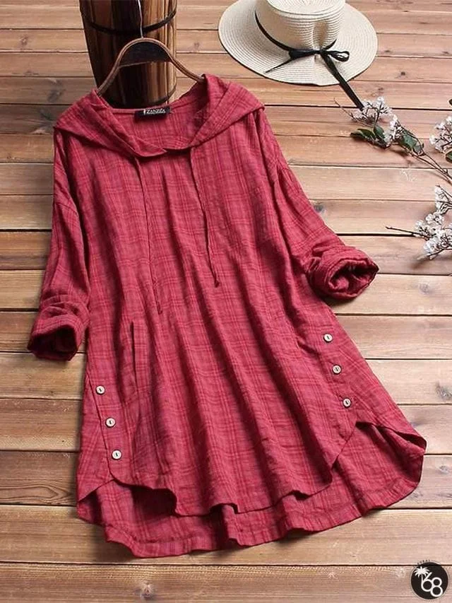 Plus Size Blouse Women Casual Hooded Long Sleeve Check Plaid Loose Tops Shirts Linen | 168DEAL