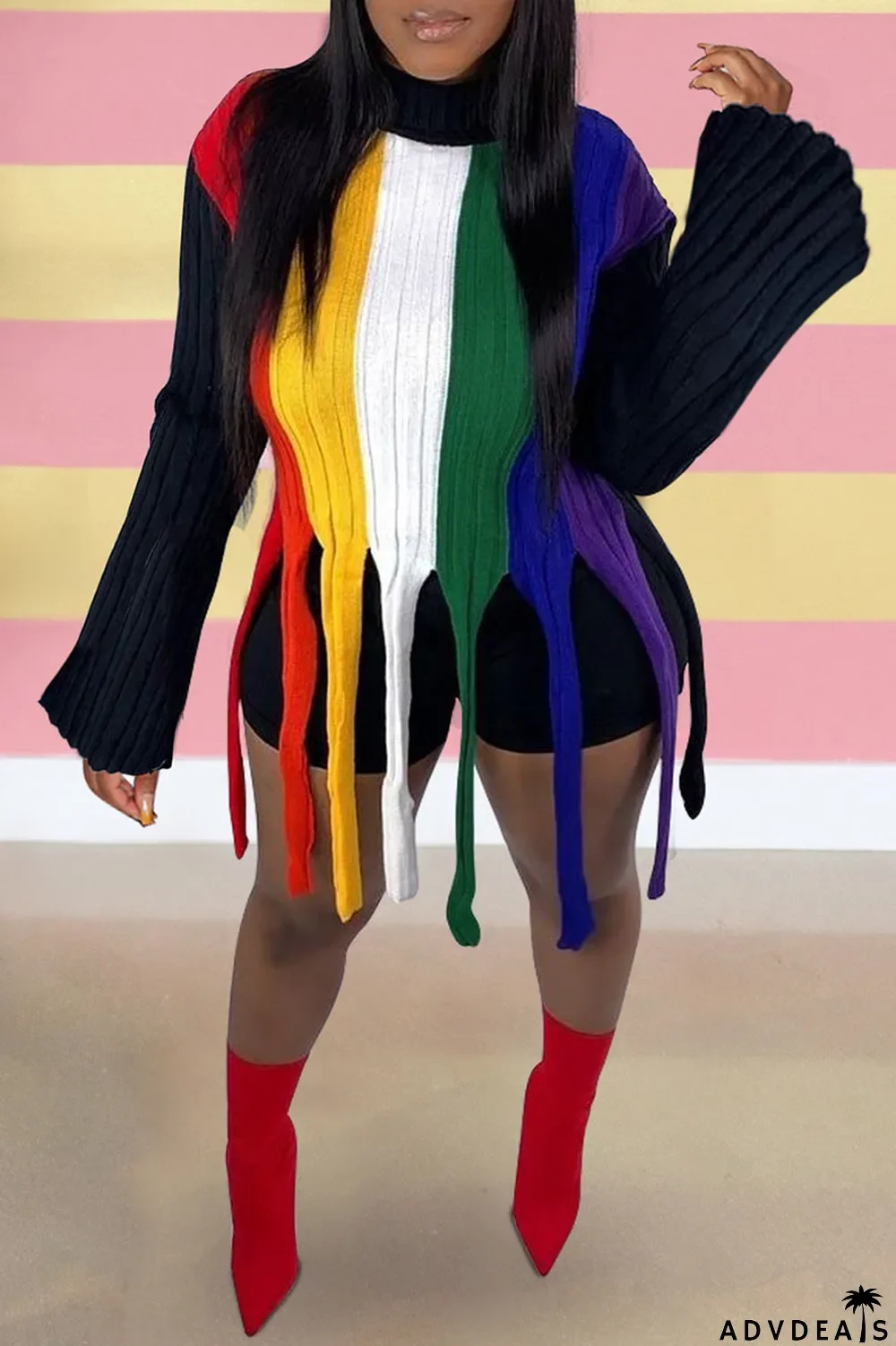 Colour Fashion Street Striped Tassel Split Joint O Neck Tops