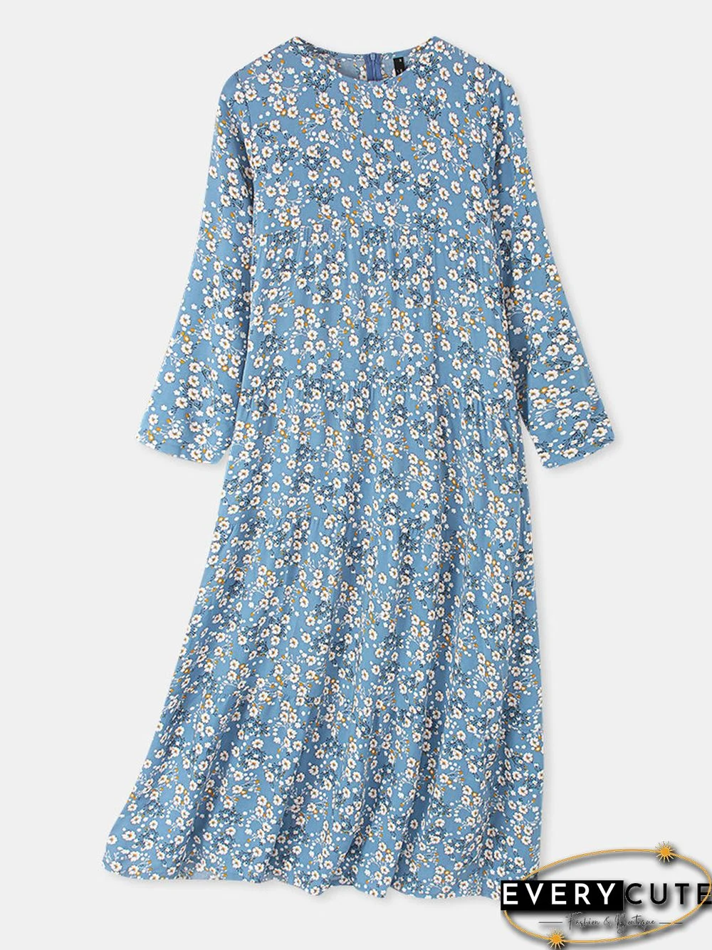 Women Vintage Floral Print O-neck Pocket Long Sleeve Maxi Dress