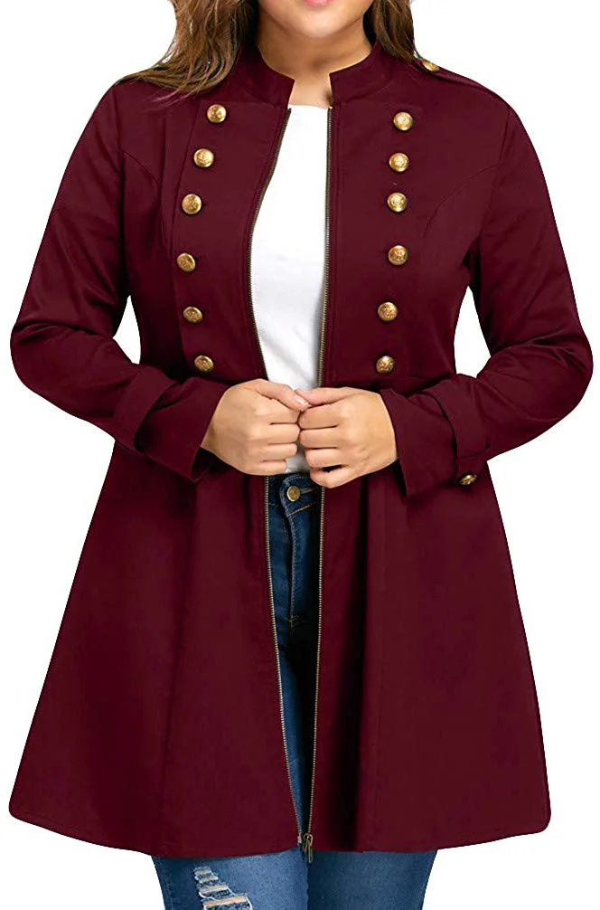 Women Fashion Plus Size Vintage Longline Coat Double Breasted Flare Windbreaker