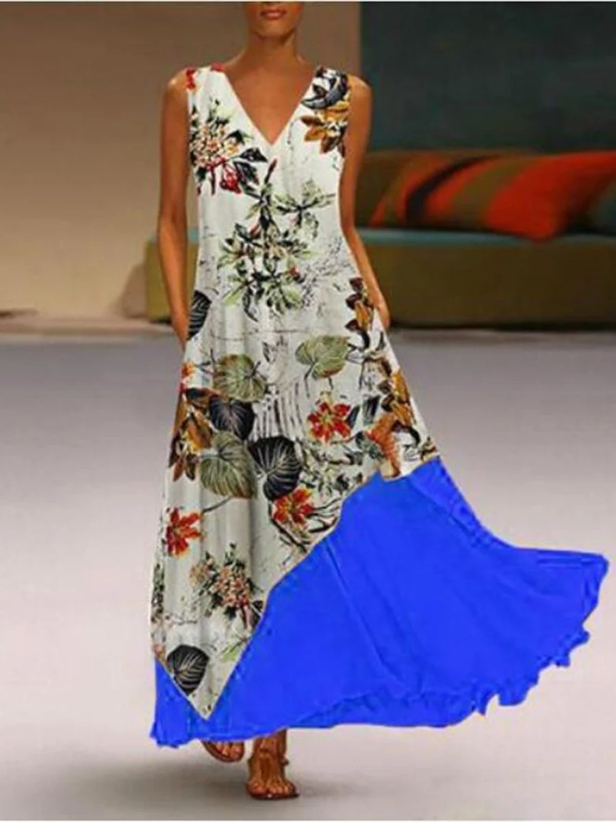 V-Neck Floral Splicing Sleeveless Two-piece Maxi Dress