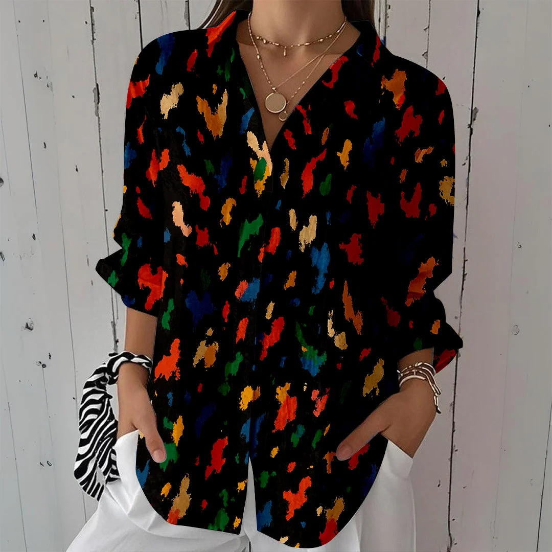Style & Comfort for Mature Women Women Splashes, Black, Color DZCL0366 3/4 Sleeve Shirt Collar Printed Button Tops