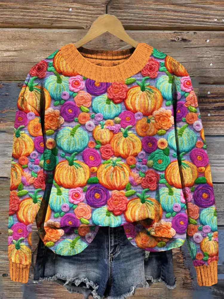Bright Rainbow Pumpkins Embroidery Art Comfy Sweater