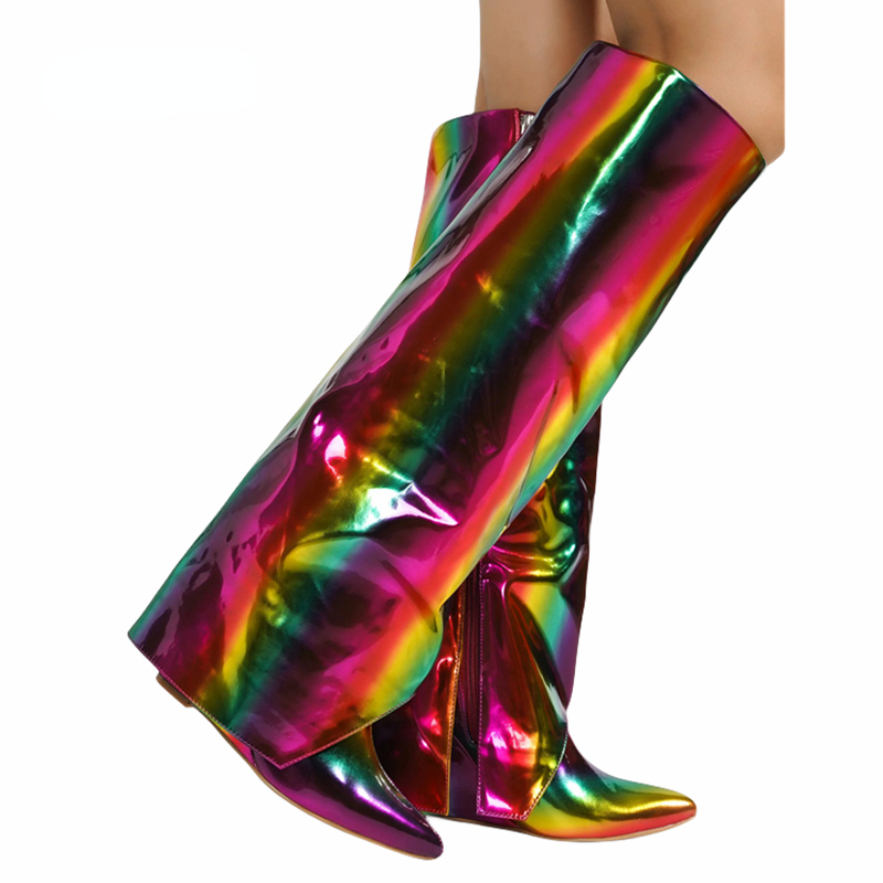 VCshoes Pointy Toe Metallic Leather Knee High Boots Fold-over Wedge Heels Tube Boot Female Side Zip Long Boots Cowboy Knight Botas