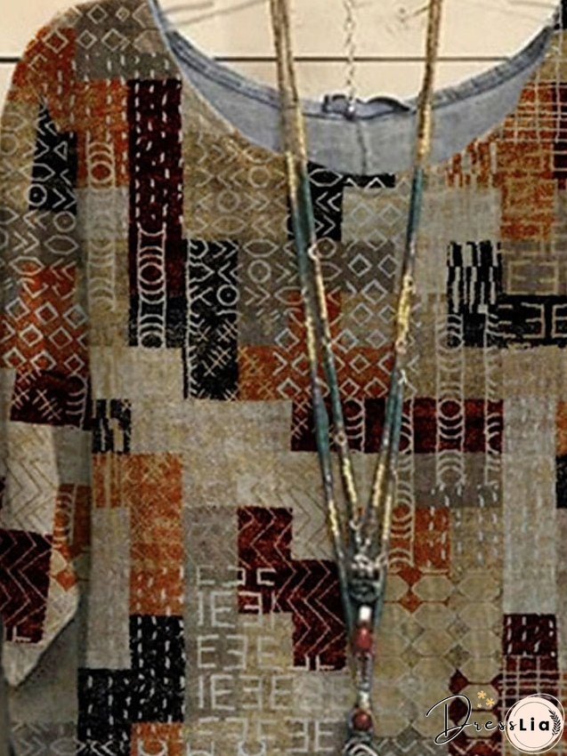 Shirt Blouse khaki Geometry Print Short Sleeve Daily Vacation Vintage Streetwear Crew Neck Regular Linen Plus Size L for Women