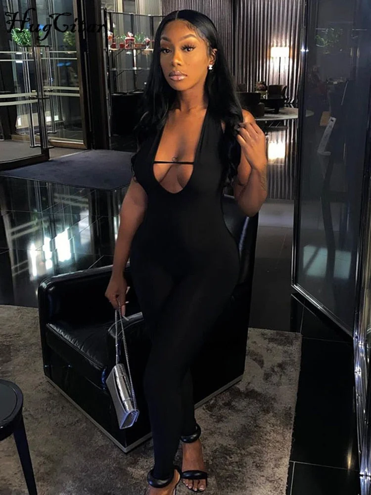 Hugcitar Women Solid Halter Backless Sleeveless Revealing Jumpsuit 2021 Fall Bodycon Skinny Fashion Y2K Overalls Outfits