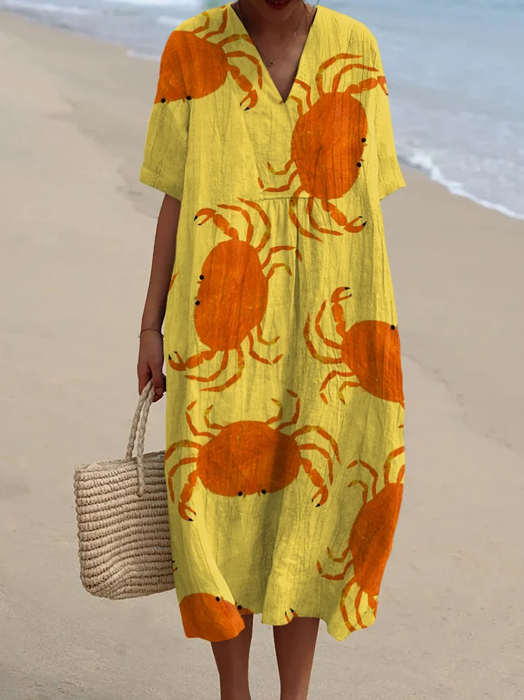 Women's Vintage Crab Art Print Flowy Dress