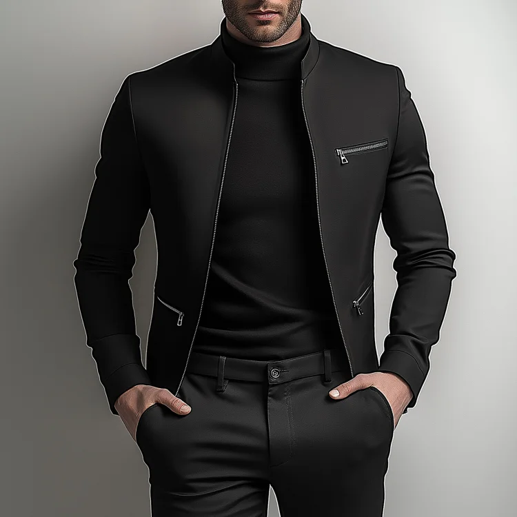 Okaywear Solid Stand Collar Zip Up Long Sleeve Jacket Okaywear