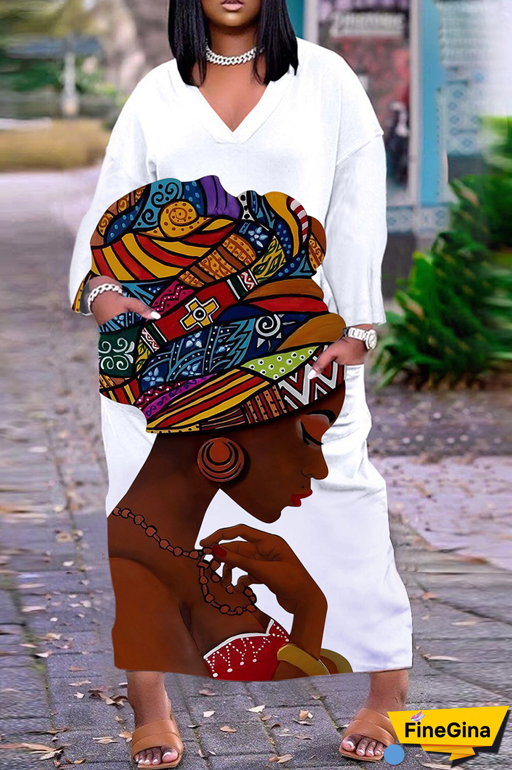 Red White Casual Print Patchwork V Neck Straight Dresses