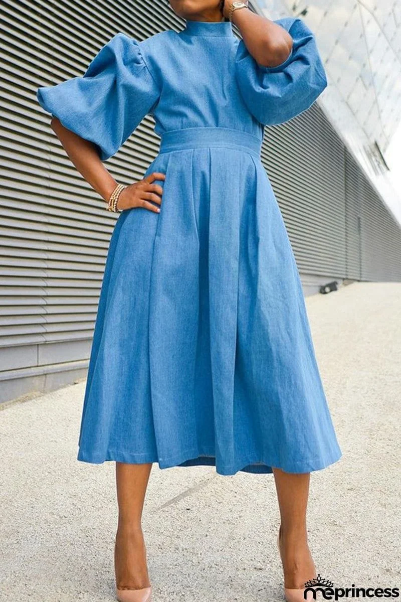 Turtleneck Neck Puff Sleeve Midi Dress