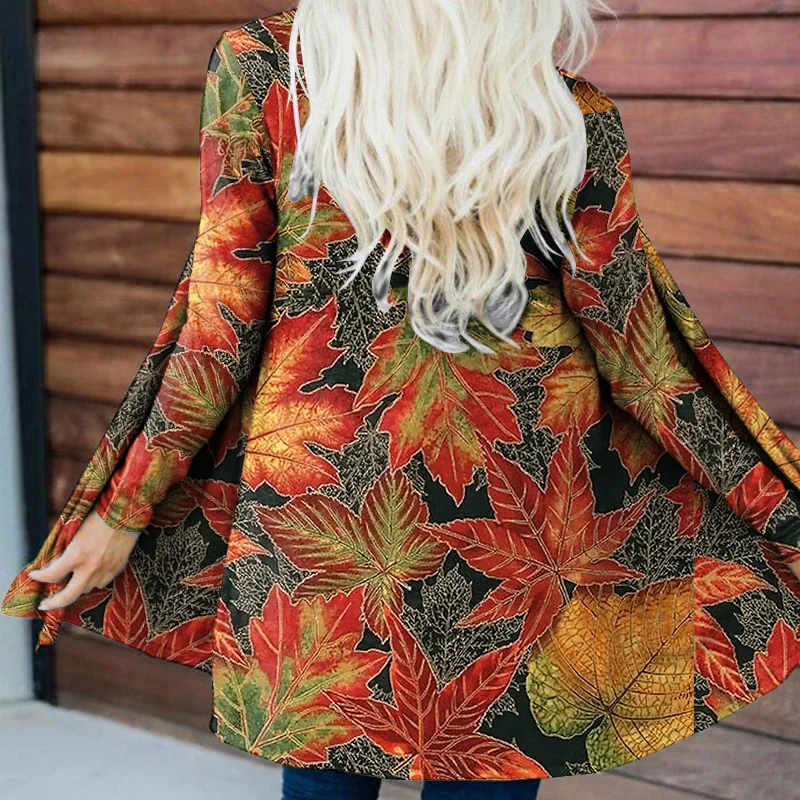 Maple Leaves Printed Women's Fashion Long-sleeved Cardigan