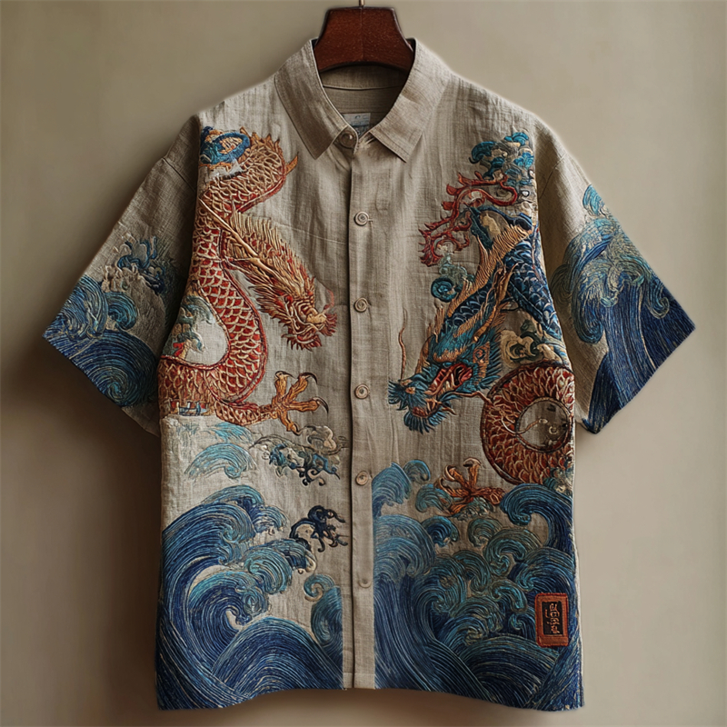 Japanese Dragons & Sea Waves Embroidered Linen Shirt  artssus