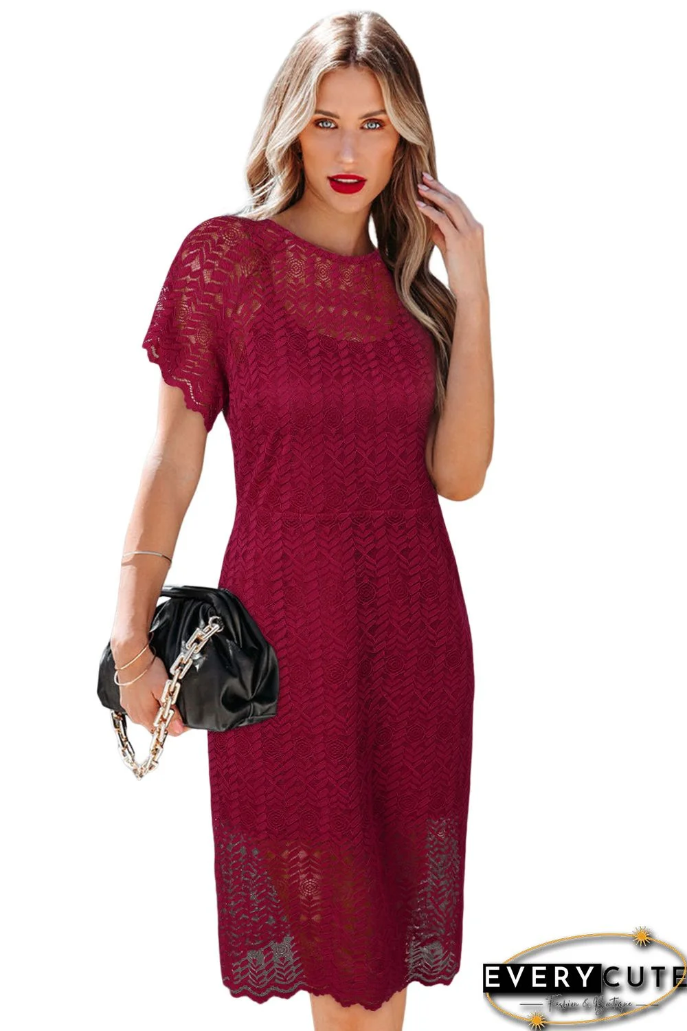 Red Crochet Short Sleeves Lined Midi Dress