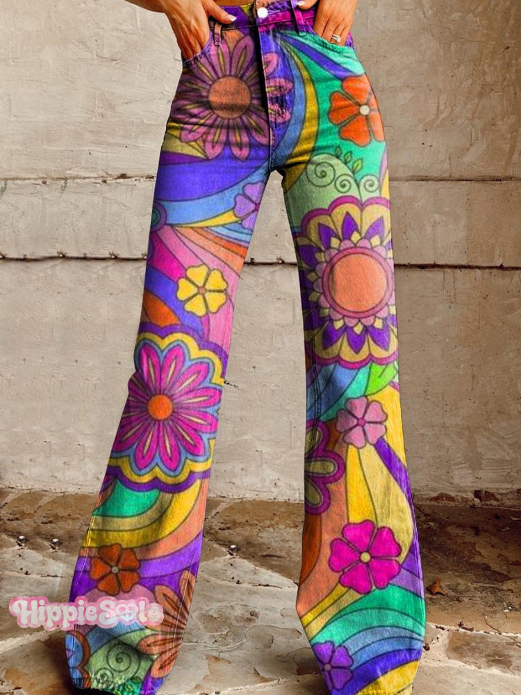 Women’s Vintage Hippie Vibes Floral Pattern Print Casual Wide Leg Pants Multicolor / Xs
