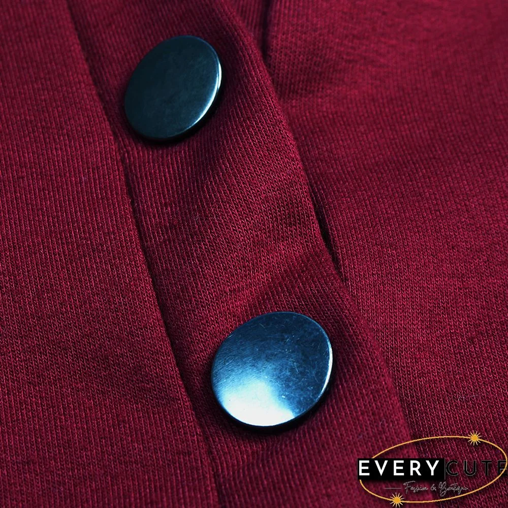 Solid Wine Red Button Collar Pocket Hoodie