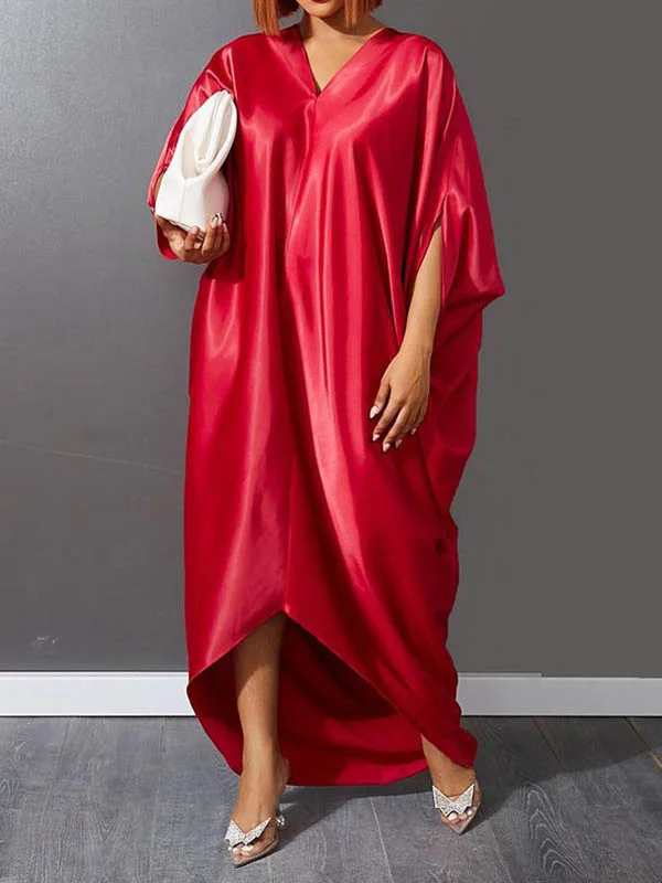 Batwing Sleeves High-Low Solid Color Deep V-Neck Maxi Dresses