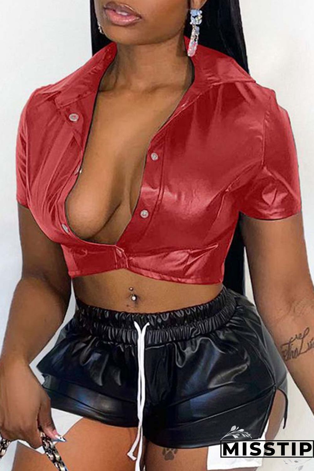 Orange Casual Solid Patchwork Turndown Collar Tops