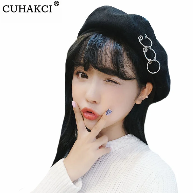 CUHAKCI Winter Hats Ring Wool Berets French Artist Beanie Women Ski Cap Solid Warm Sweet Girl Headwear