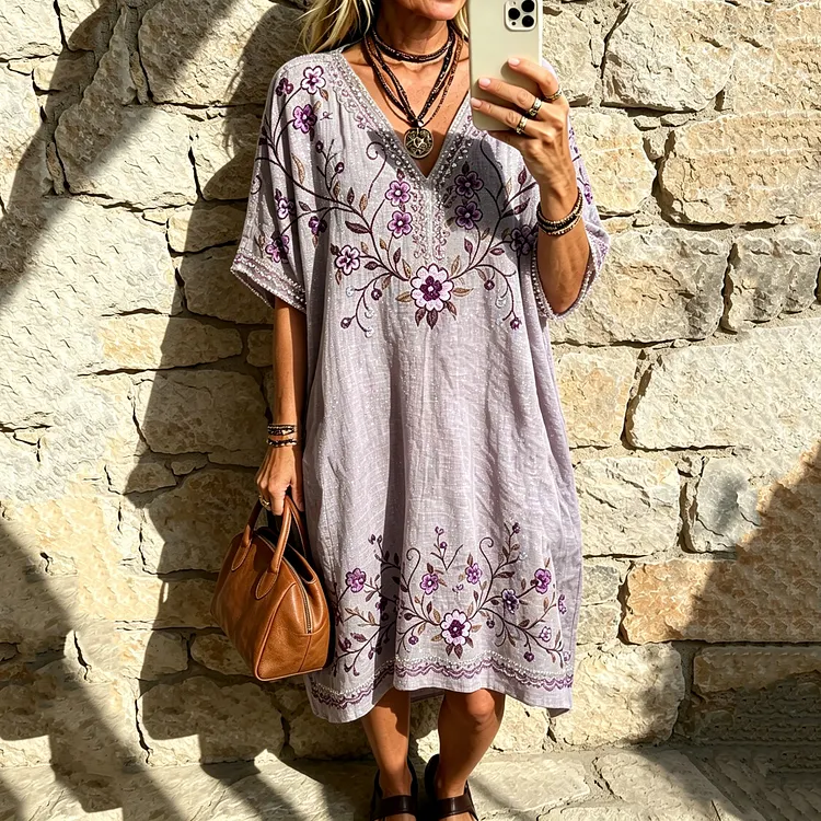 Women's Vintage Floral Art Embroidered Linen Blend V Neck Mini Dress