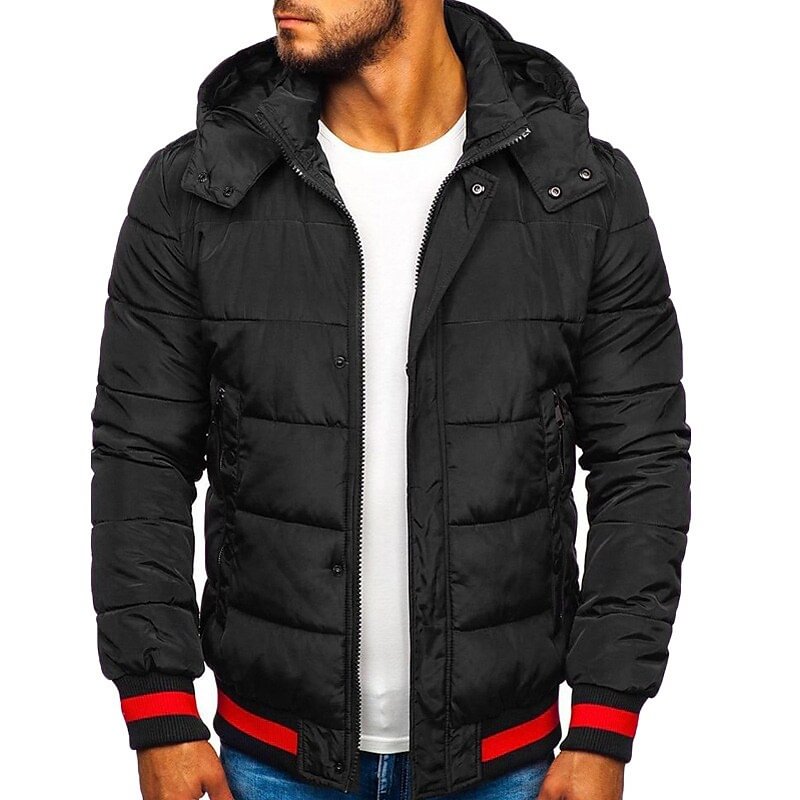 Rogoman Men's Solid Color Outdoor Windproof Hooded Puffer Jacket