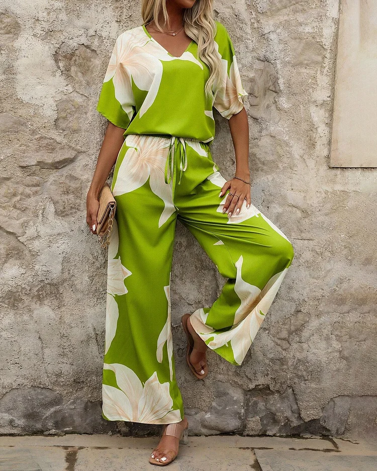 V-neck Top and Drawstring Pants Printed Two-piece Set