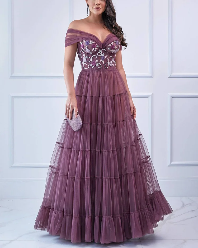 Women's Strapless Purple Mesh Embroidery Dress