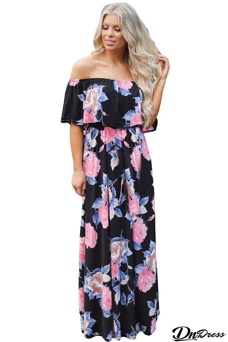 Flower Print Black Grounding Off Shoulder Long Boho Dress