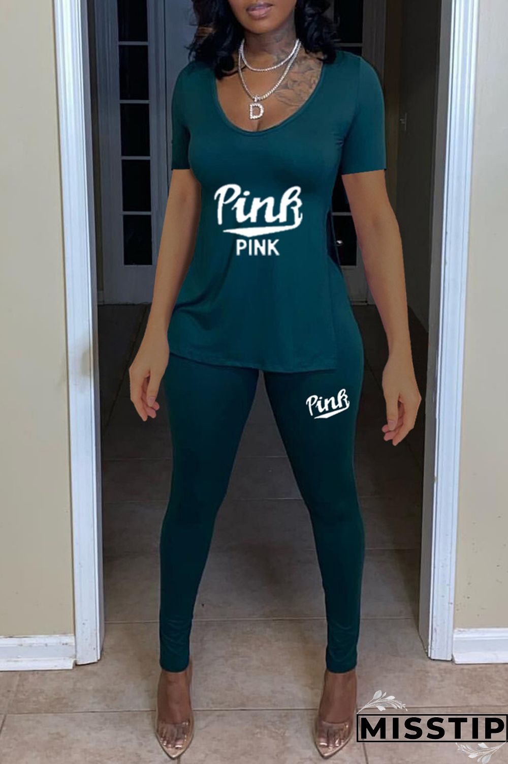 Peacock Blue Fashion Casual Letter Print Slit O Neck Short Sleeve Two Pieces