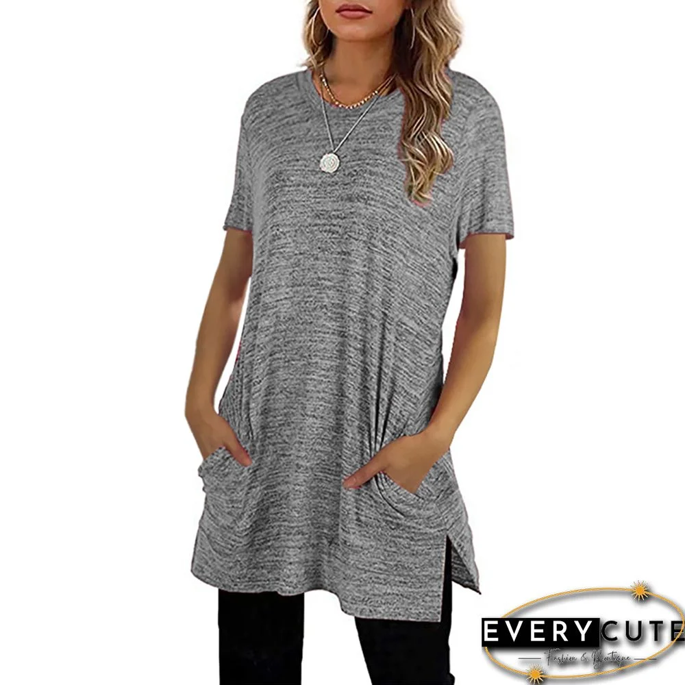 Gray Sides Split Short Sleeve Tunic Top