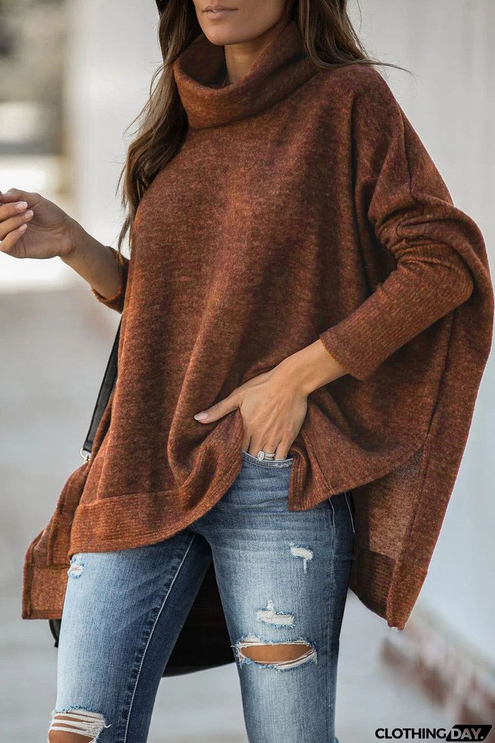 Turtleneck Bat Sleeve Side Slit Tunic Top