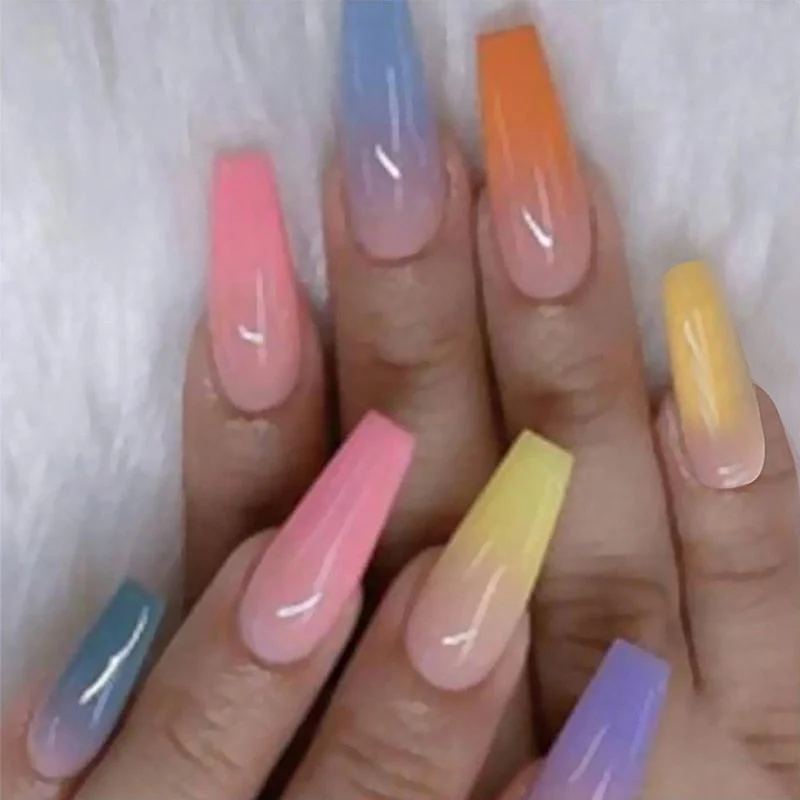 European Red Black Gradient Fake Nails Extra Long Ballerina Artificial Full Nail Art Tip with Glue Coffin Shaped Press On Nails-Nail Inspo