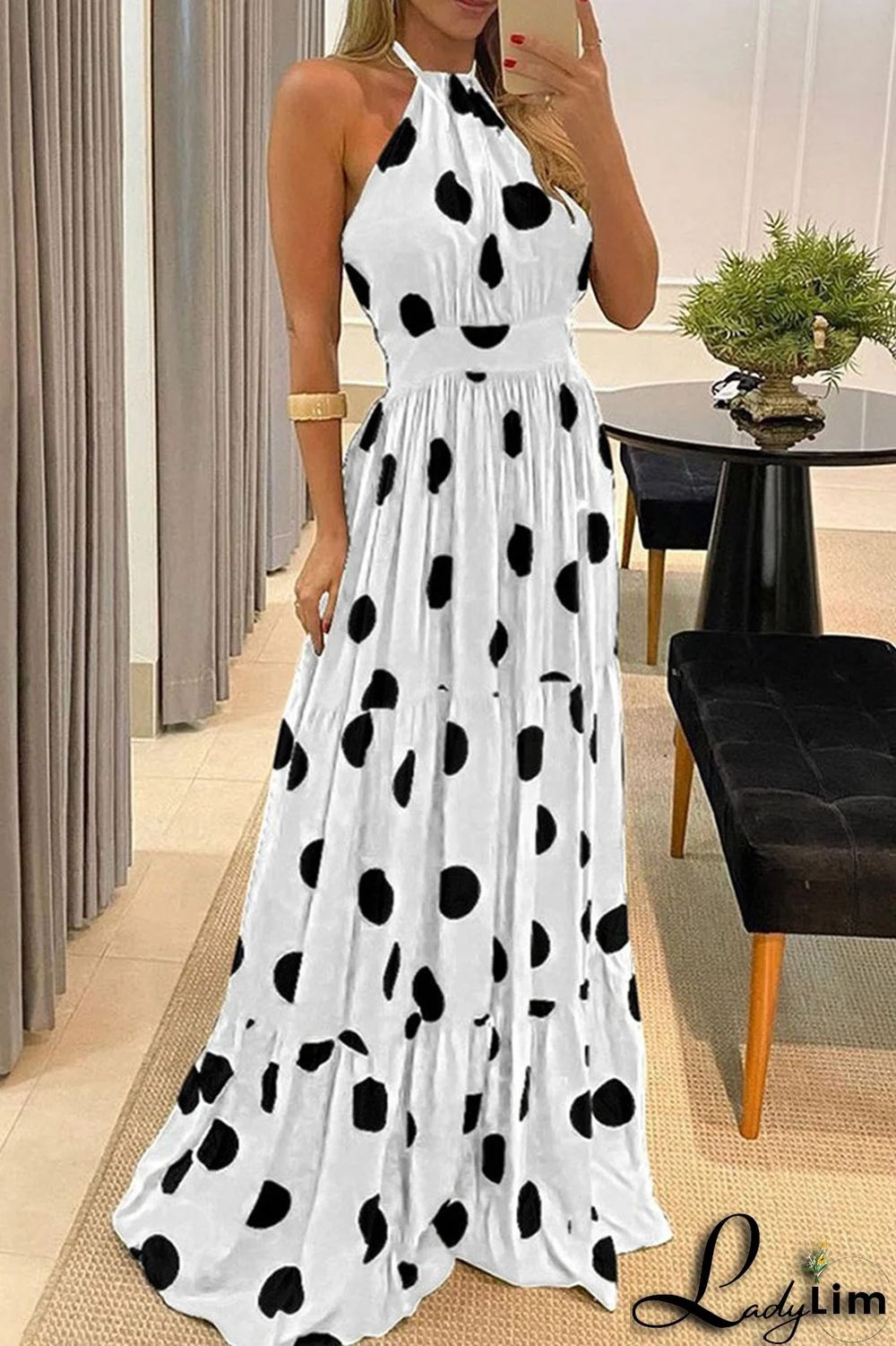 Green Casual Sweet Print Polka Dot Patchwork Backless Halter Straight Dresses