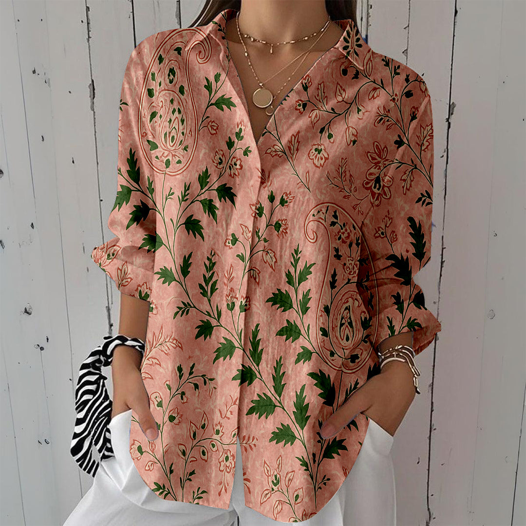 Women Long Sleeve V-neck Graphic Floral Printed Top