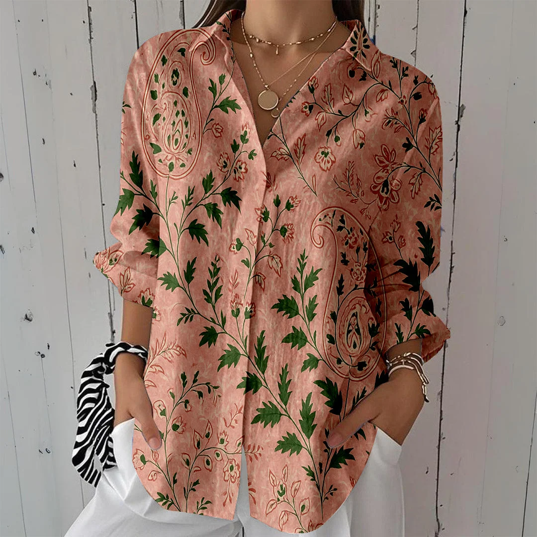 Style & Comfort for Mature Women Women Leaves, Pink, Green DZCL0191 3/4 Sleeve Shirt Collar Printed Button Tops