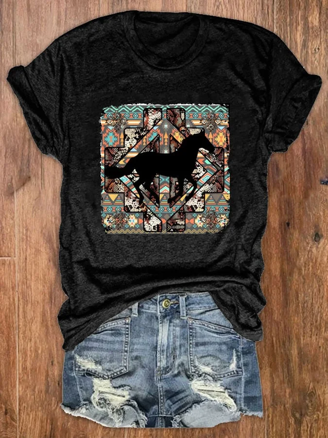 Buy 2 Get 5% Off Women's Vintage Western Horse Print Crew Neck T-Shirt