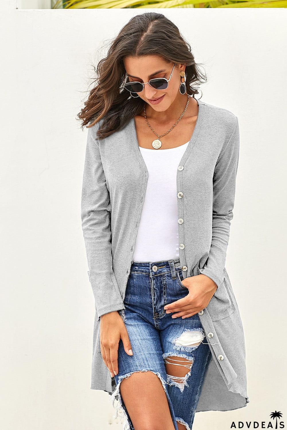 Light Gray Selected Button Down Pocketed Knit High Low Long Cardigan