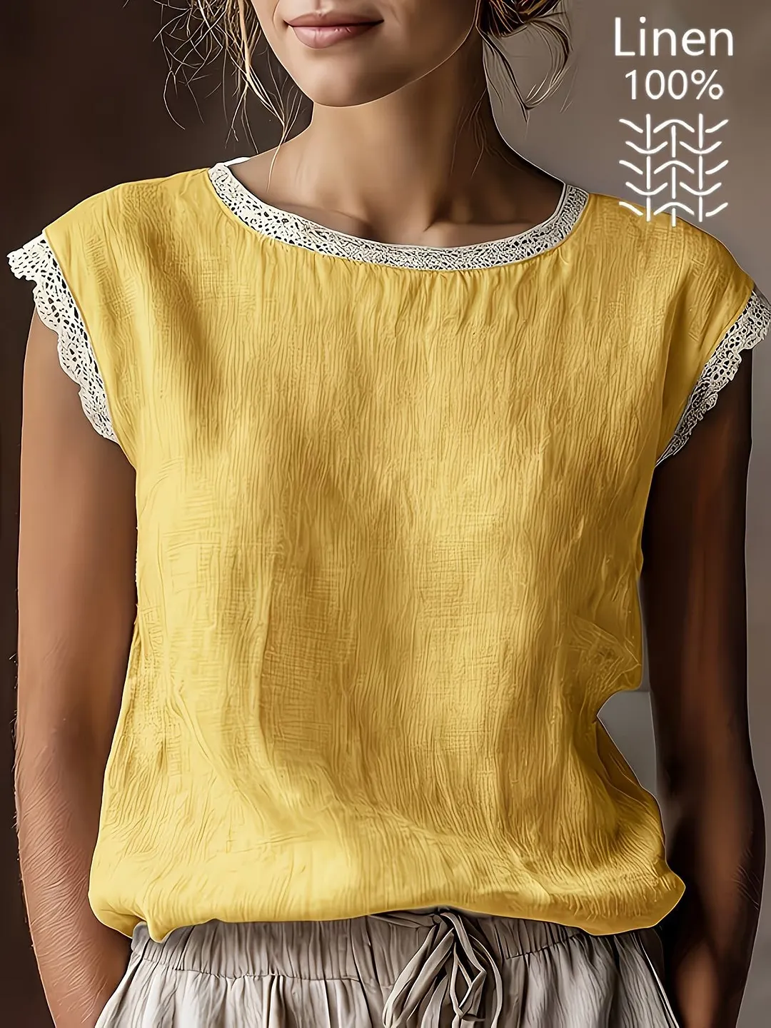 Solid Lace Trim Sleeveless Blouse