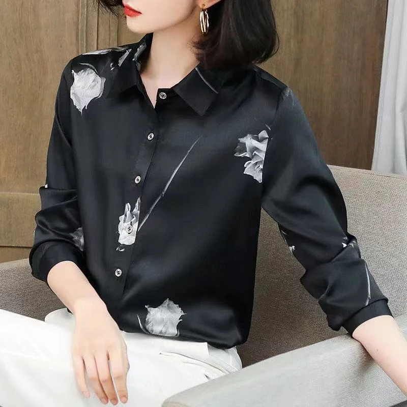 Jangj Summer Black Rose White Satin Shirt Long Sleeve Turn Down Collar Blouse 2022 Korean Fashion Shirt for Women Elegant Shirt