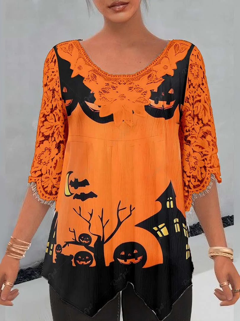 Women Asymmetrical Half Sleeve Scoop Neck Pumpkin Graphic Lace Tops