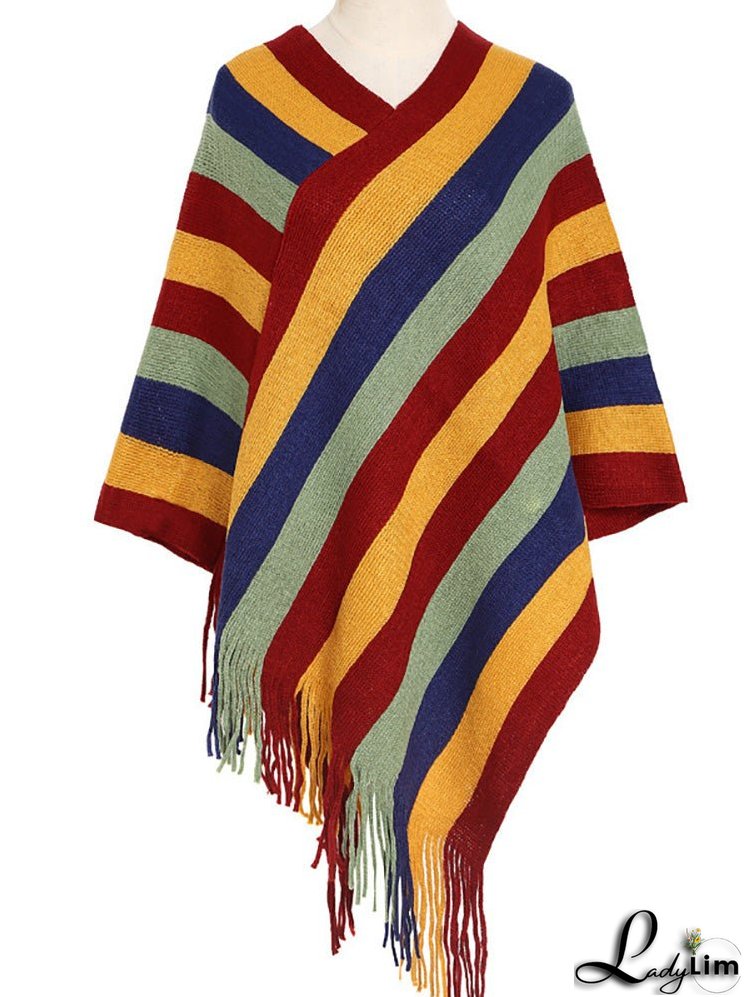 Knitted Striped Tassel Poncho