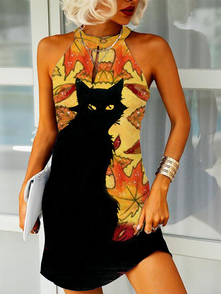 Animal Cat Autumn Maple Leaf Artistic Fit Mini Dress wearshes