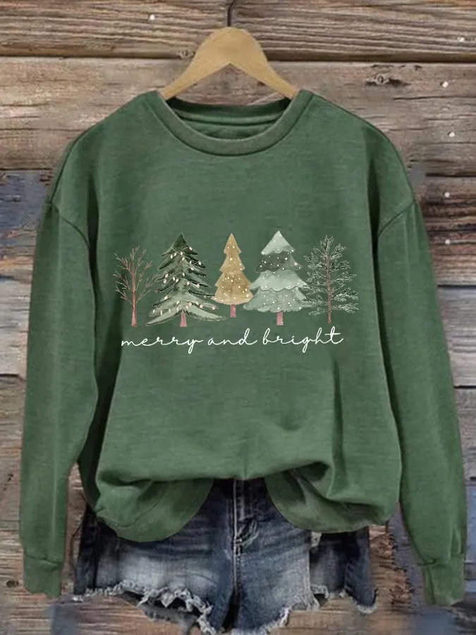 Women's Casual Merry And Bright Print Long Sleeve Sweatshirt