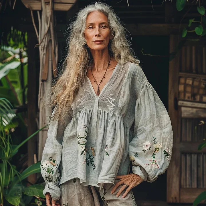 Retro Bohemian Linen Floral Art Print Long Sleeve V-neck Shirt