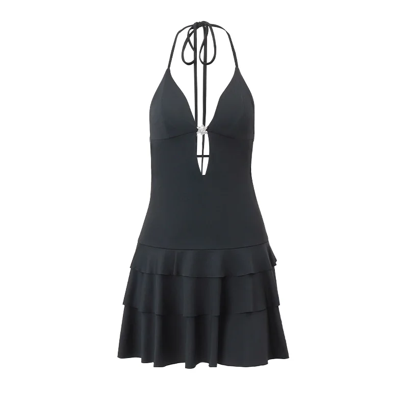 Toloer Toloer Women's French Deep V Sexy Dress Summer Hot Style Flounce Senior Sense Hanging Neck Temperament Short Skirt-Outfit Ideas
