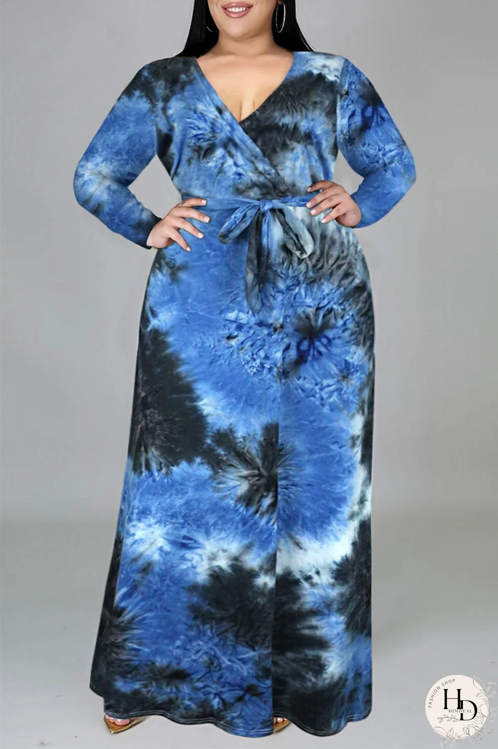 Deep Blue Fashion Casual Print Tie-dye V Neck Long Sleeve Plus Size Dress