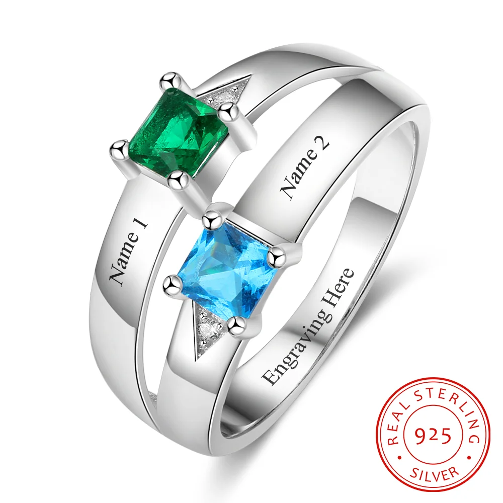 925 Sterling Silber Ring mit 2 Namen und 2 Geburtssteinen mit Gravuren Kettenmachen