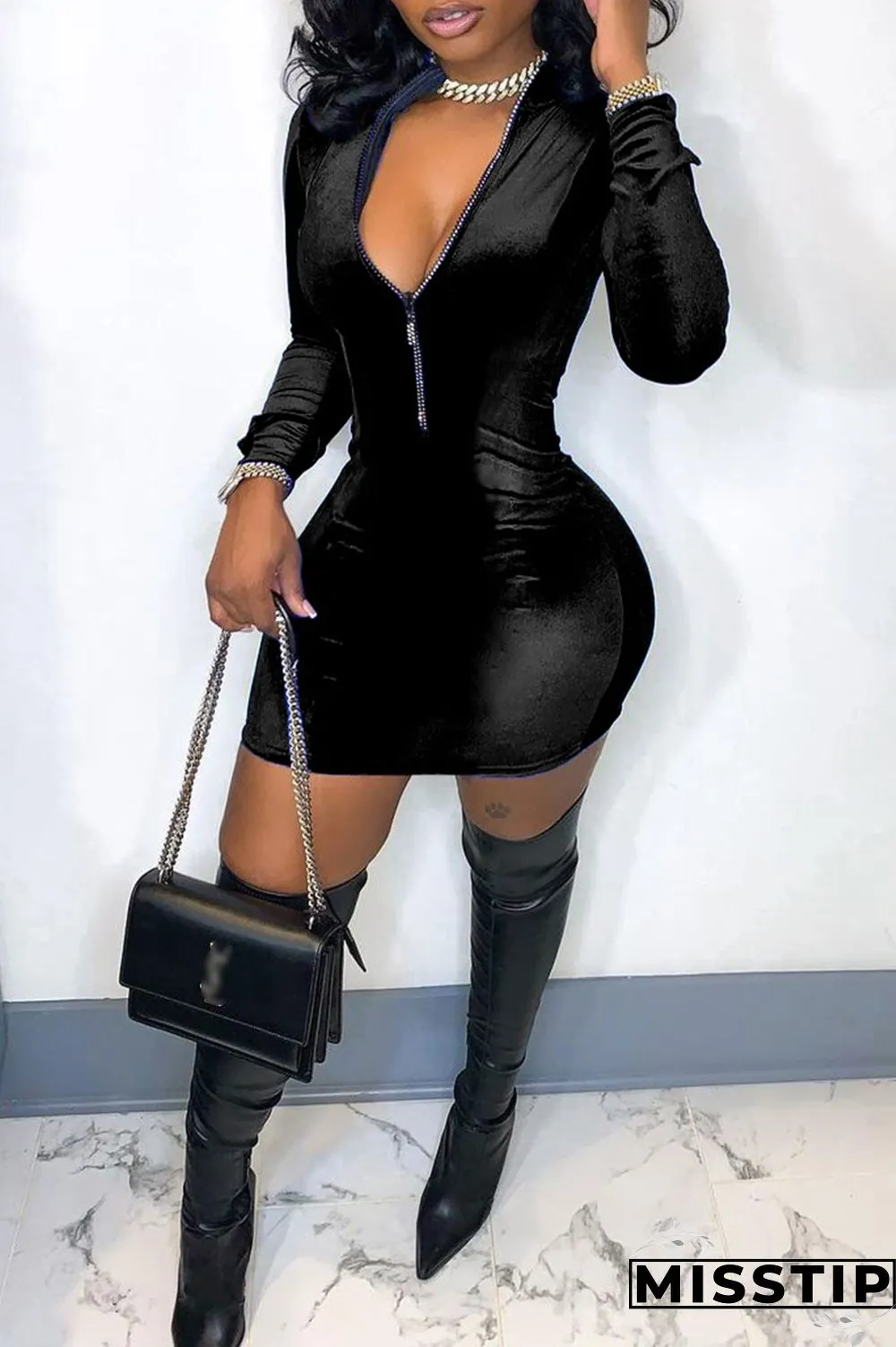 Blue Fashion Casual Solid Patchwork Zipper Collar Long Sleeve Dresses