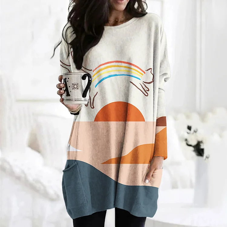 Wearshes Art Geometric Cat Print Long Sleeve Tunic